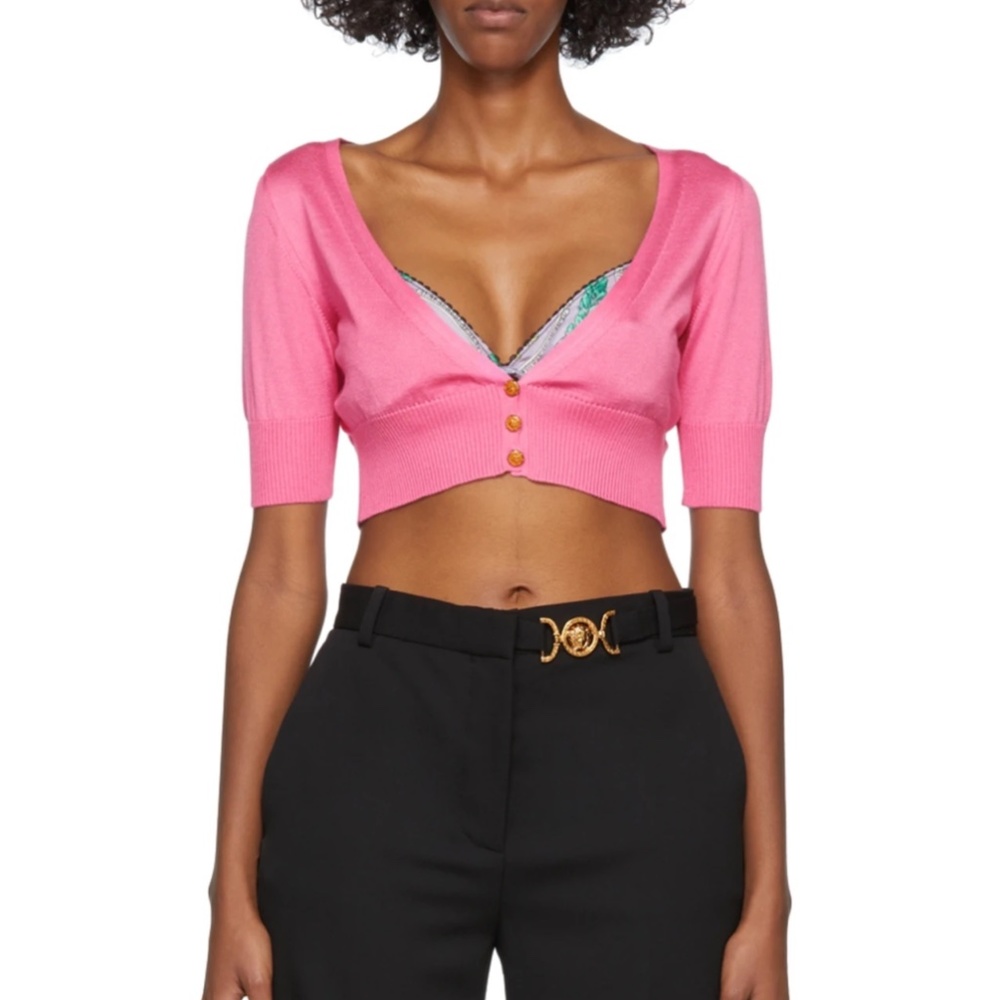 Versace Pink Starfish Button Short Sleeve Mini Crop Cardigan Size 40 100% Silk